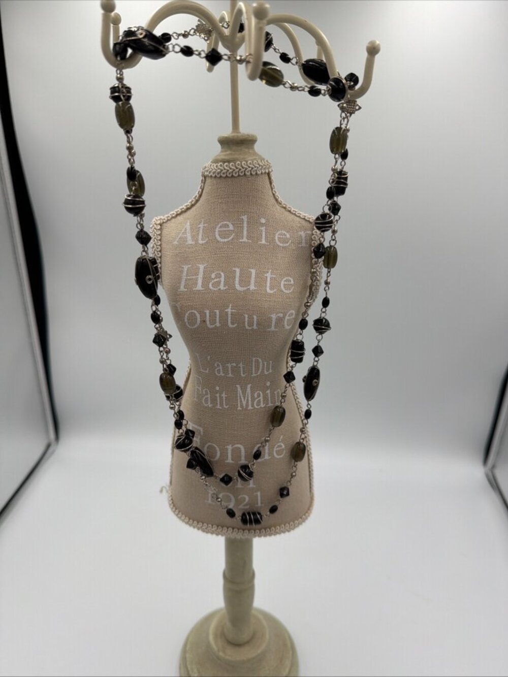 Wire Wrapped Black Onyx & Glass Bead 26” Necklace. Intricate Design. Beautiful!!